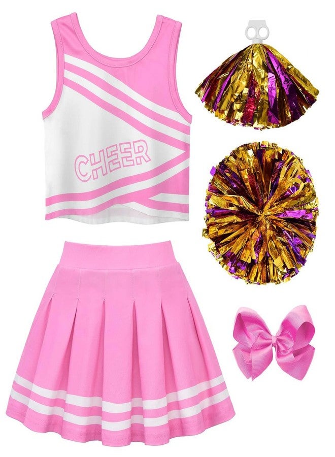 JerrisApparel Cheerleader Costume for Girls Cheer Uniform Dress Up Outfit With Pompoms (Pink, 5-6) - Image 1